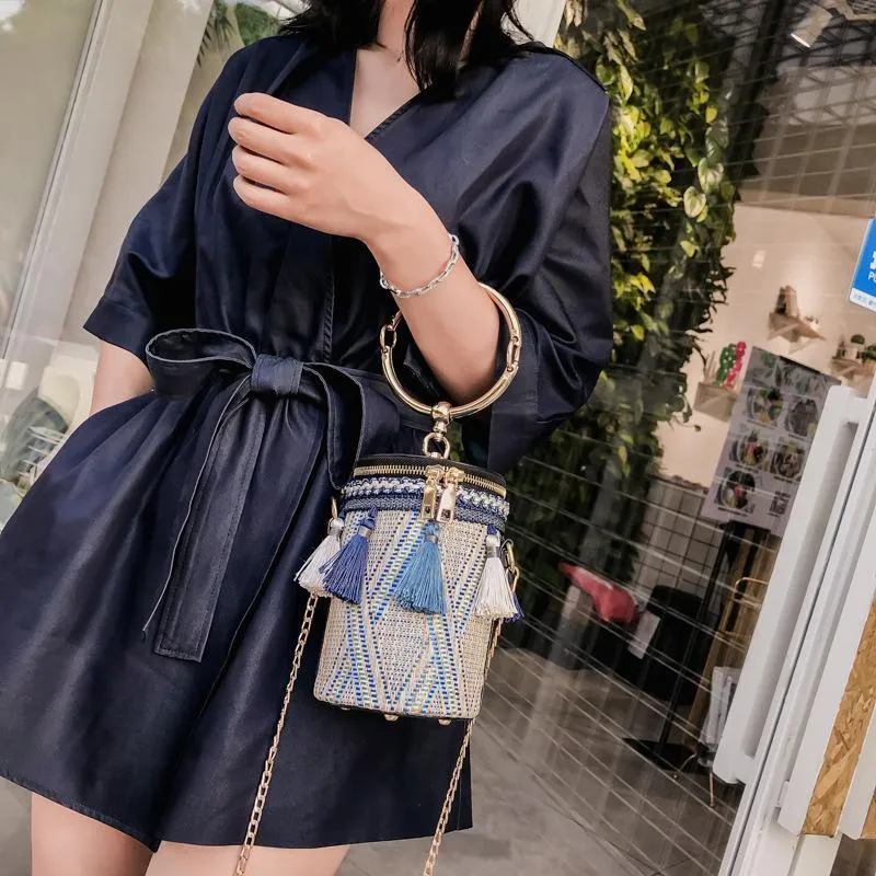 New Fashion Metal Ring Tassel Chain Straw Rattan Handbag Shoulder Bag Crossbody Bag
