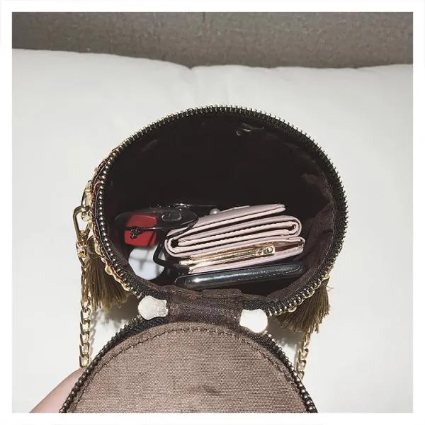 New Fashion Metal Ring Tassel Chain Straw Rattan Handbag Shoulder Bag Crossbody Bag