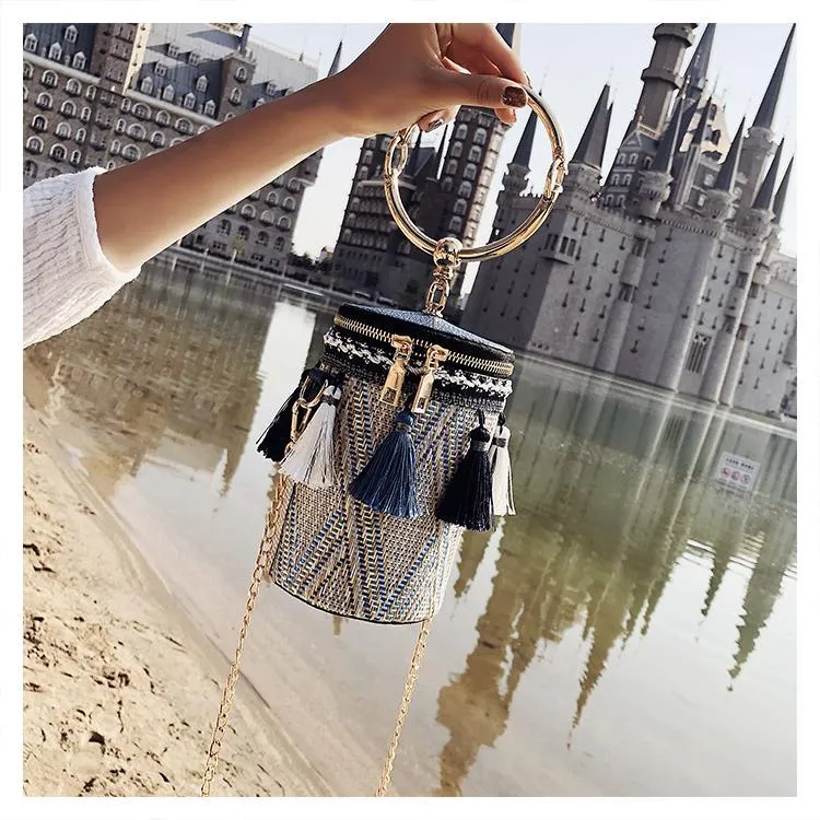 New Fashion Metal Ring Tassel Chain Straw Rattan Handbag Shoulder Bag Crossbody Bag