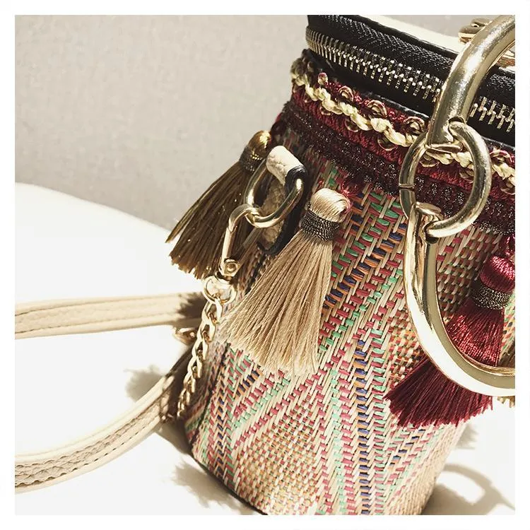 New Fashion Metal Ring Tassel Chain Straw Rattan Handbag Shoulder Bag Crossbody Bag