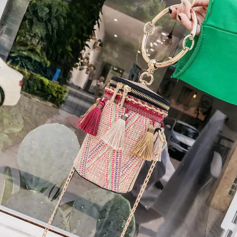 New Fashion Metal Ring Tassel Chain Straw Rattan Handbag Shoulder Bag Crossbody Bag