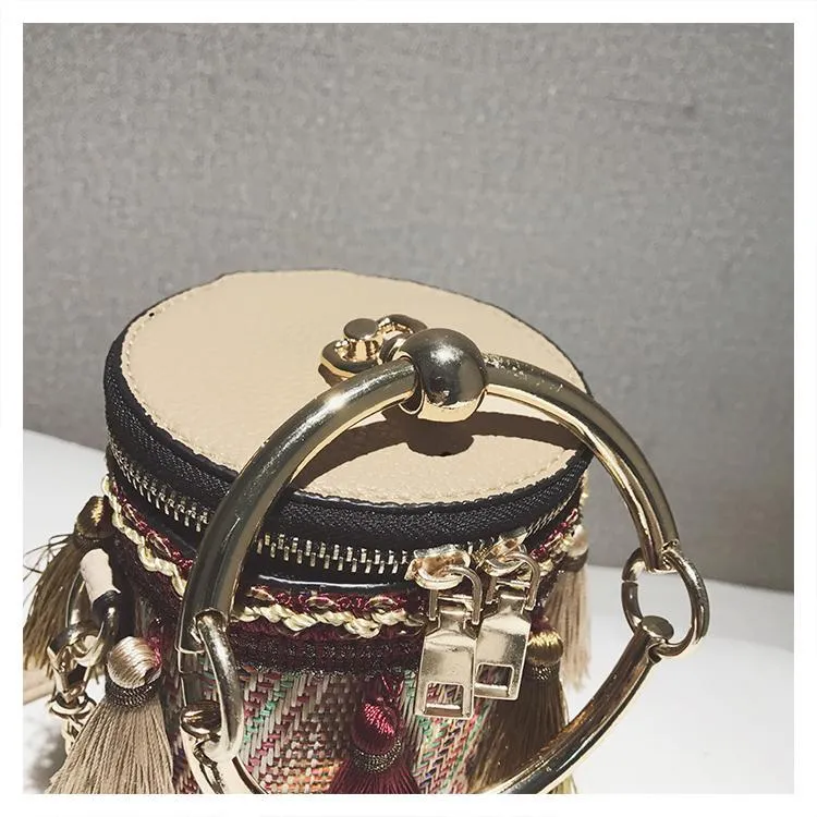 New Fashion Metal Ring Tassel Chain Straw Rattan Handbag Shoulder Bag Crossbody Bag