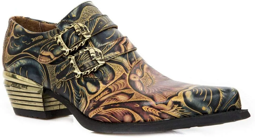 New Rock M-7960-S14 Mens Embossed Vintage Shoes Black Leather Buckle Steel Heel