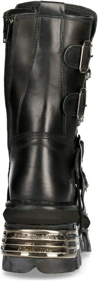 New Rock Unisex M.373-S4 Metallic Black 100% Leather Goth Biker Emo Fashion Reactor Boots