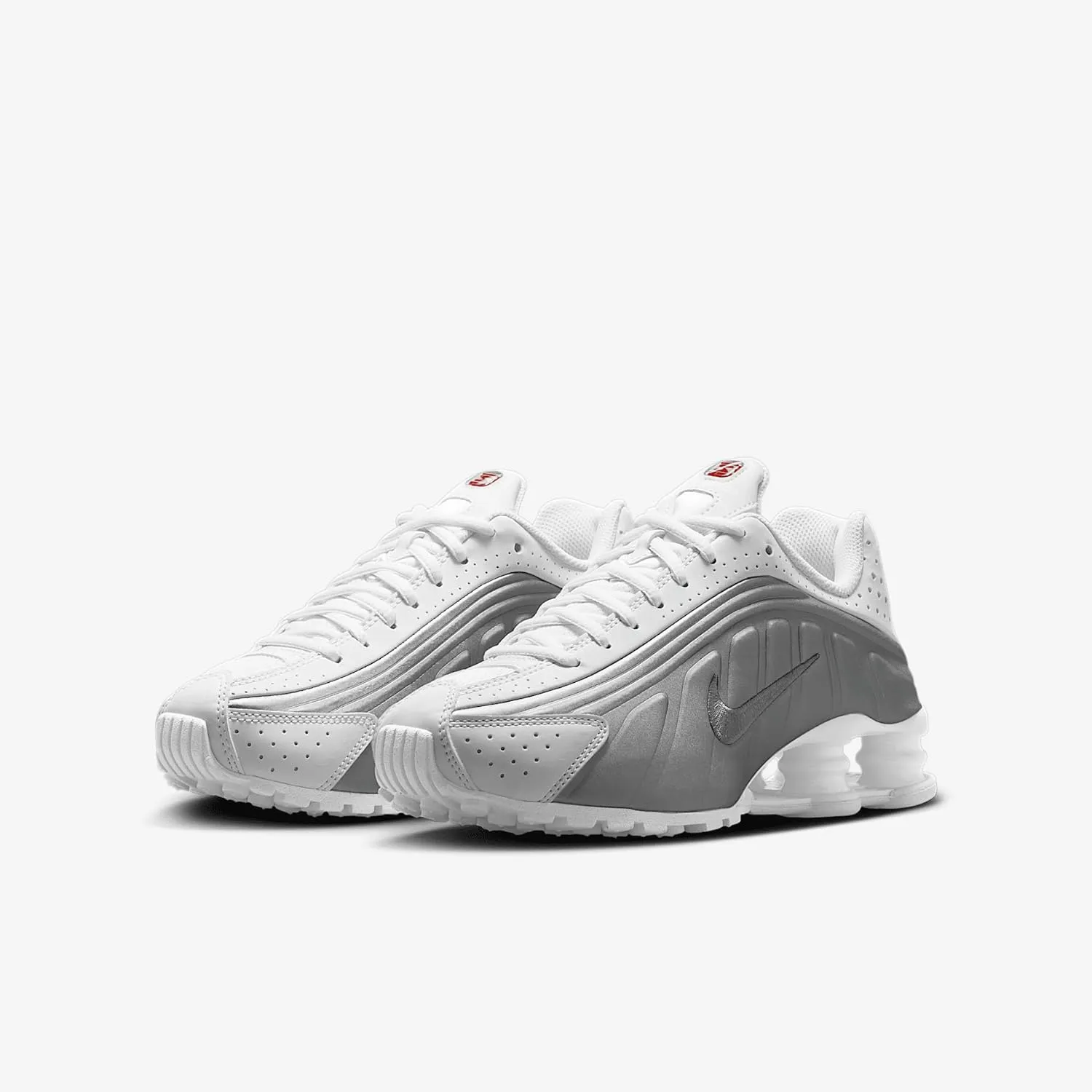 Nike Shox R4 Big Kids' Shoes (CW2626-101, White/White/Bright Crimson/Metallic Silver)