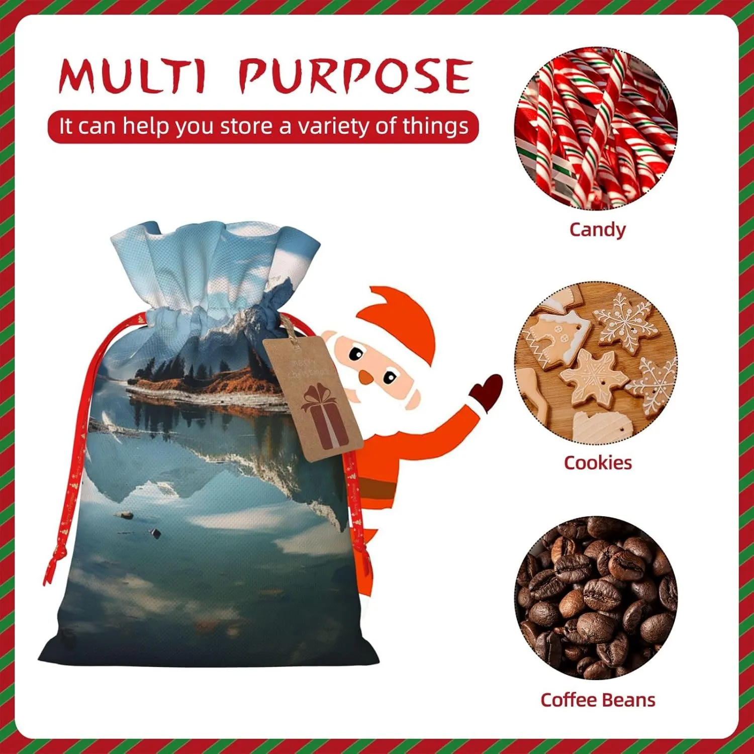 NONHAI Christmas Gift Bags Drawstring Wrapping Bags Mountains surround the lake Xmas Goodie Bags Christmas Burlap Treat Bags for Christmas Presents Holiday Party Supplies Favors Bag