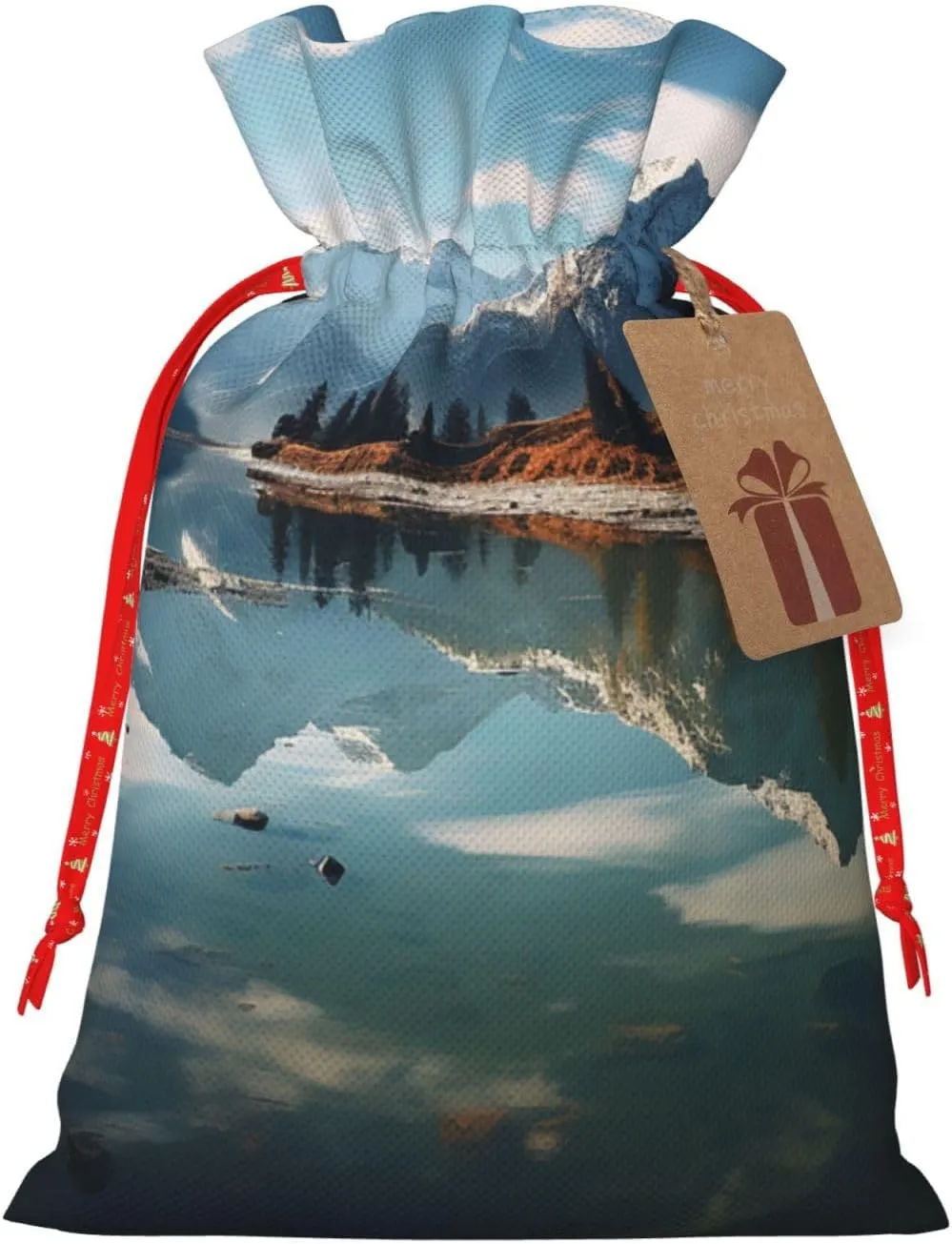 NONHAI Christmas Gift Bags Drawstring Wrapping Bags Mountains surround the lake Xmas Goodie Bags Christmas Burlap Treat Bags for Christmas Presents Holiday Party Supplies Favors Bag