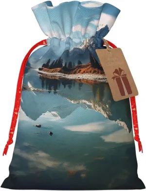 NONHAI Christmas Gift Bags Drawstring Wrapping Bags Mountains surround the lake Xmas Goodie Bags Christmas Burlap Treat Bags for Christmas Presents Holiday Party Supplies Favors Bag