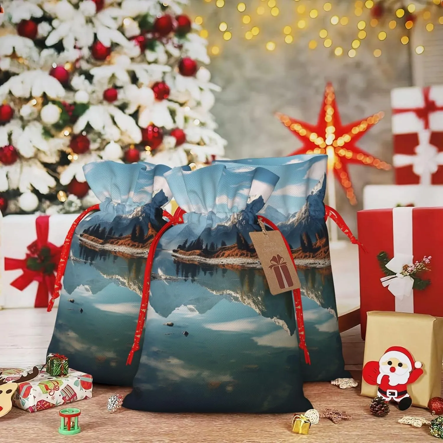 NONHAI Christmas Gift Bags Drawstring Wrapping Bags Mountains surround the lake Xmas Goodie Bags Christmas Burlap Treat Bags for Christmas Presents Holiday Party Supplies Favors Bag