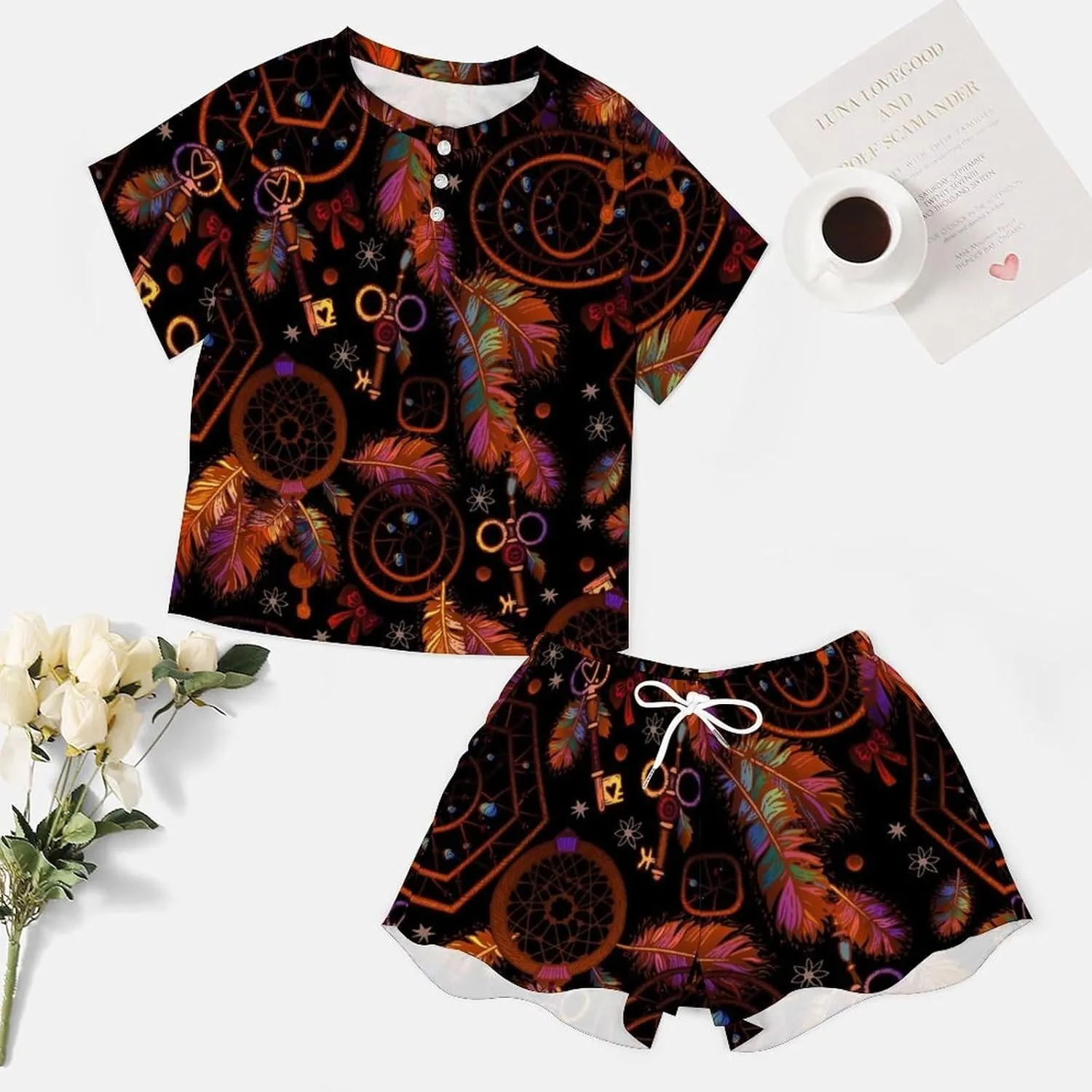 Novelty Latin Feather Home 2 Piece Womens' Lounge Short Sleeves Sleepwear Set with Pockets