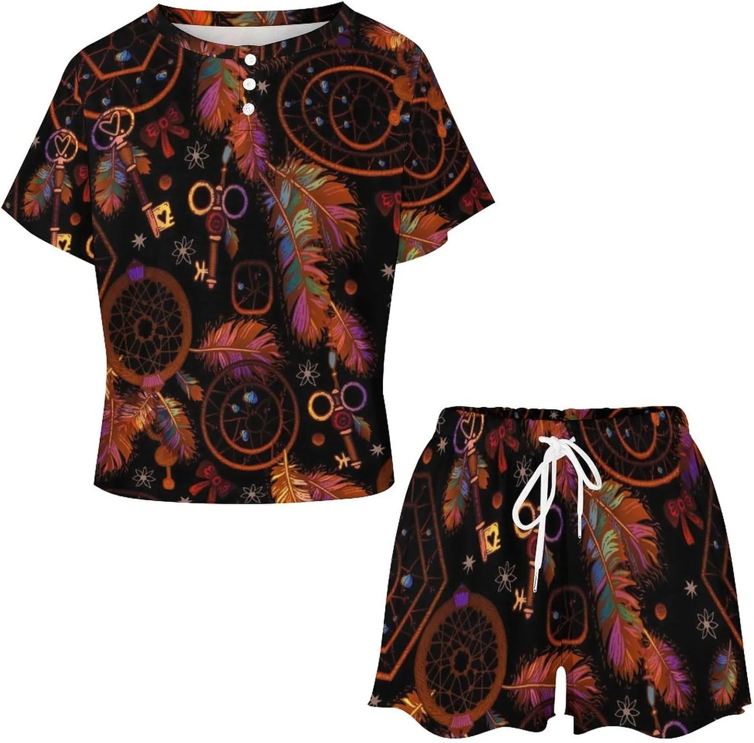 Novelty Latin Feather Home 2 Piece Womens' Lounge Short Sleeves Sleepwear Set with Pockets