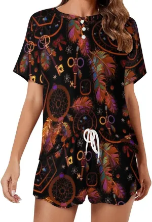 Novelty Latin Feather Home 2 Piece Womens' Lounge Short Sleeves Sleepwear Set with Pockets
