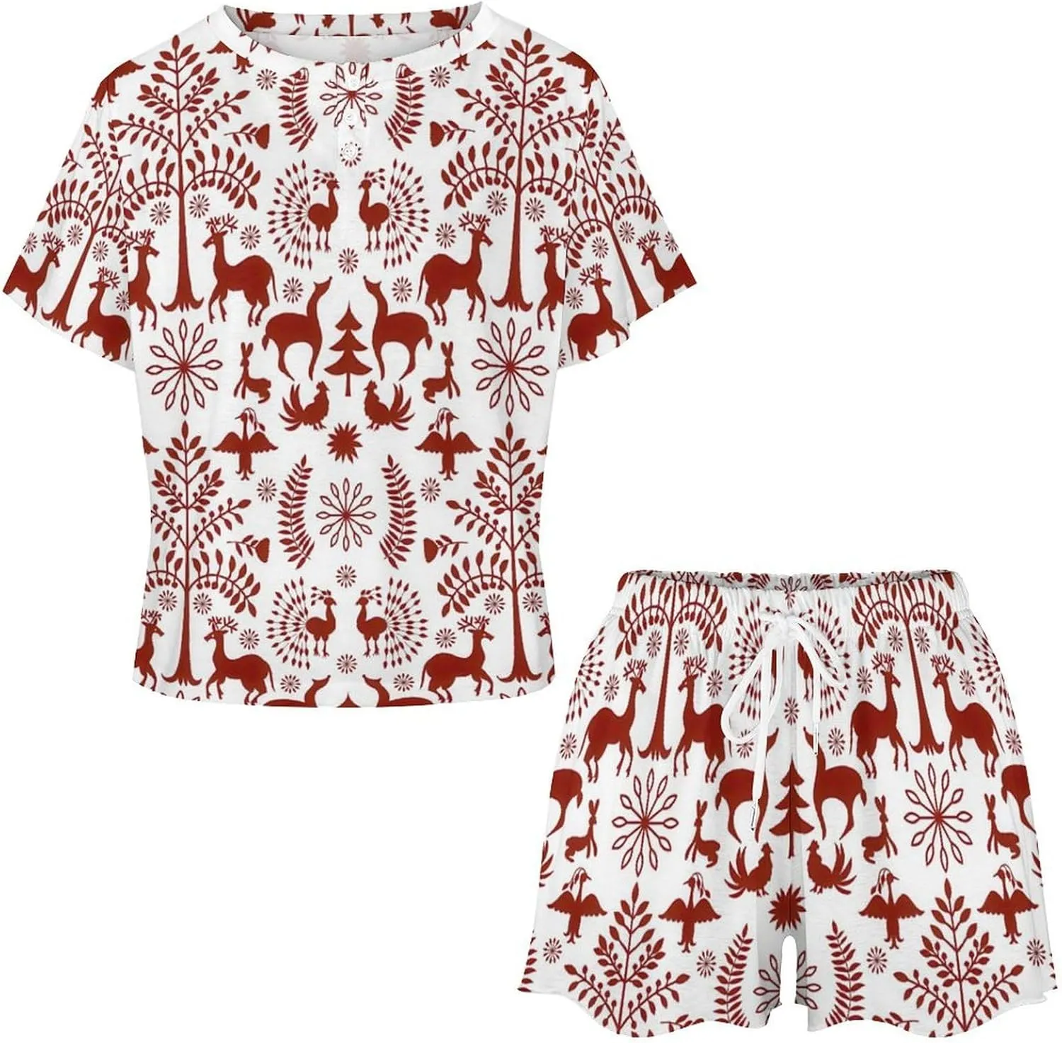Novelty Otomi Ethnic Floral Summer 2 Piece Womens' Lounge Short Sleeve Sleepwear Set with Pockets