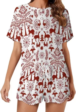 Novelty Otomi Ethnic Floral Summer 2 Piece Womens' Lounge Short Sleeve Sleepwear Set with Pockets