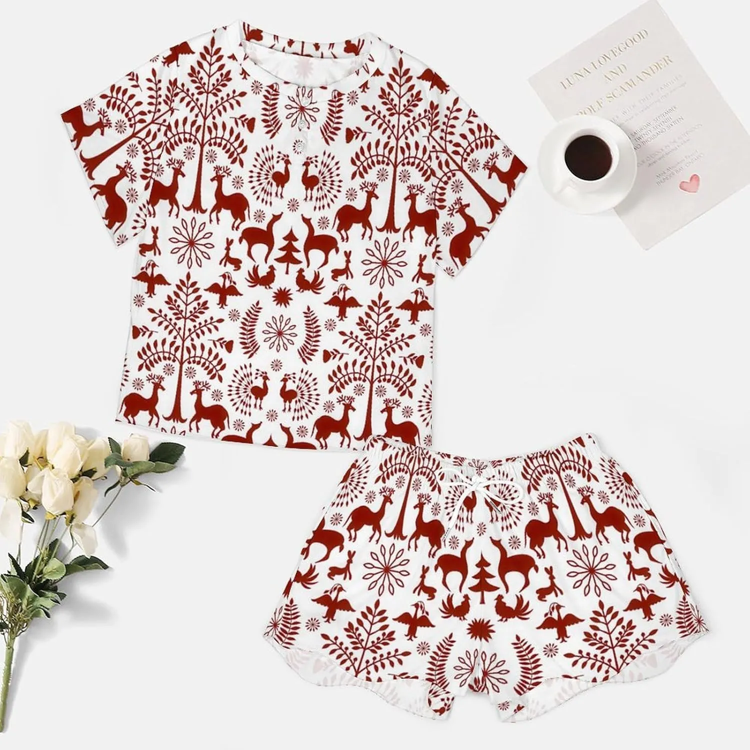 Novelty Otomi Ethnic Floral Summer 2 Piece Womens' Lounge Short Sleeve Sleepwear Set with Pockets