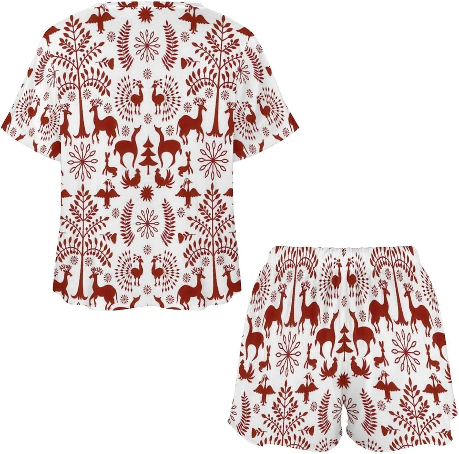 Novelty Otomi Ethnic Floral Summer 2 Piece Womens' Lounge Short Sleeve Sleepwear Set with Pockets
