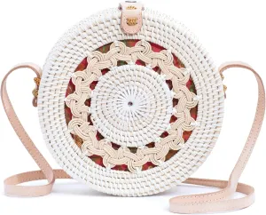 Novum Crafts Round Rattan Bag for Women - Handmade Straw Bags - Wicker Purse - Brown White Circle Crossbody Boho Bags