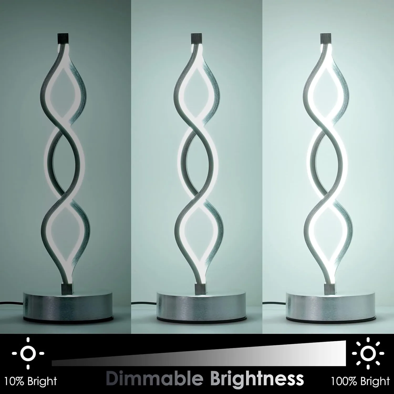NUÜR Infinity Spiral LED Table Lamp Silver, Dimmable Metallic Bedside Lamp with Touch Controller, 3 Colour Temperature, 15.8 Inch Height, Decorative Lamp for Home, Living Room