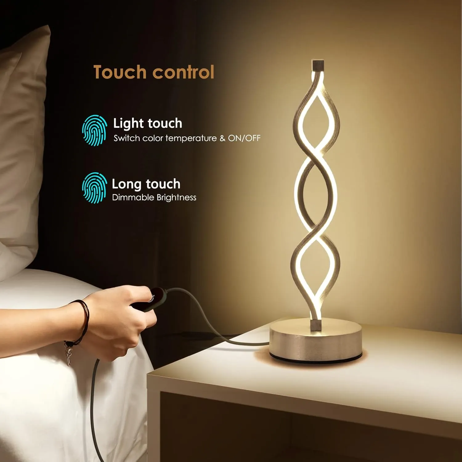 NUÜR Infinity Spiral LED Table Lamp Silver, Dimmable Metallic Bedside Lamp with Touch Controller, 3 Colour Temperature, 15.8 Inch Height, Decorative Lamp for Home, Living Room