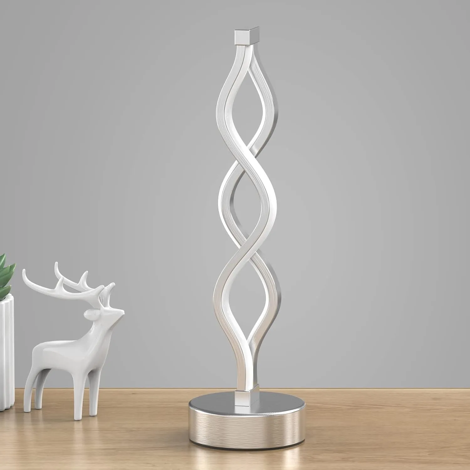 NUÜR Infinity Spiral LED Table Lamp Silver, Dimmable Metallic Bedside Lamp with Touch Controller, 3 Colour Temperature, 15.8 Inch Height, Decorative Lamp for Home, Living Room