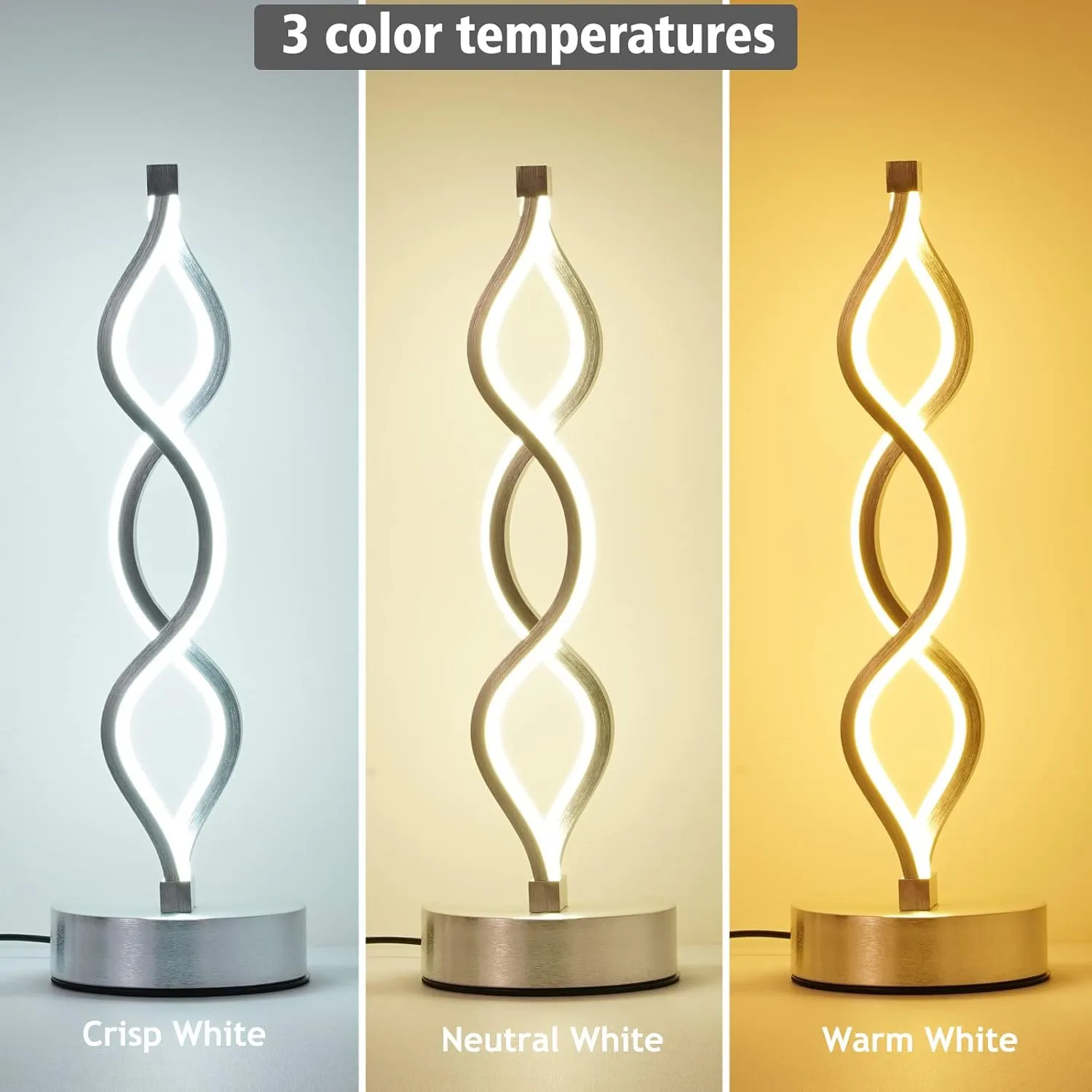 NUÜR Infinity Spiral LED Table Lamp Silver, Dimmable Metallic Bedside Lamp with Touch Controller, 3 Colour Temperature, 15.8 Inch Height, Decorative Lamp for Home, Living Room