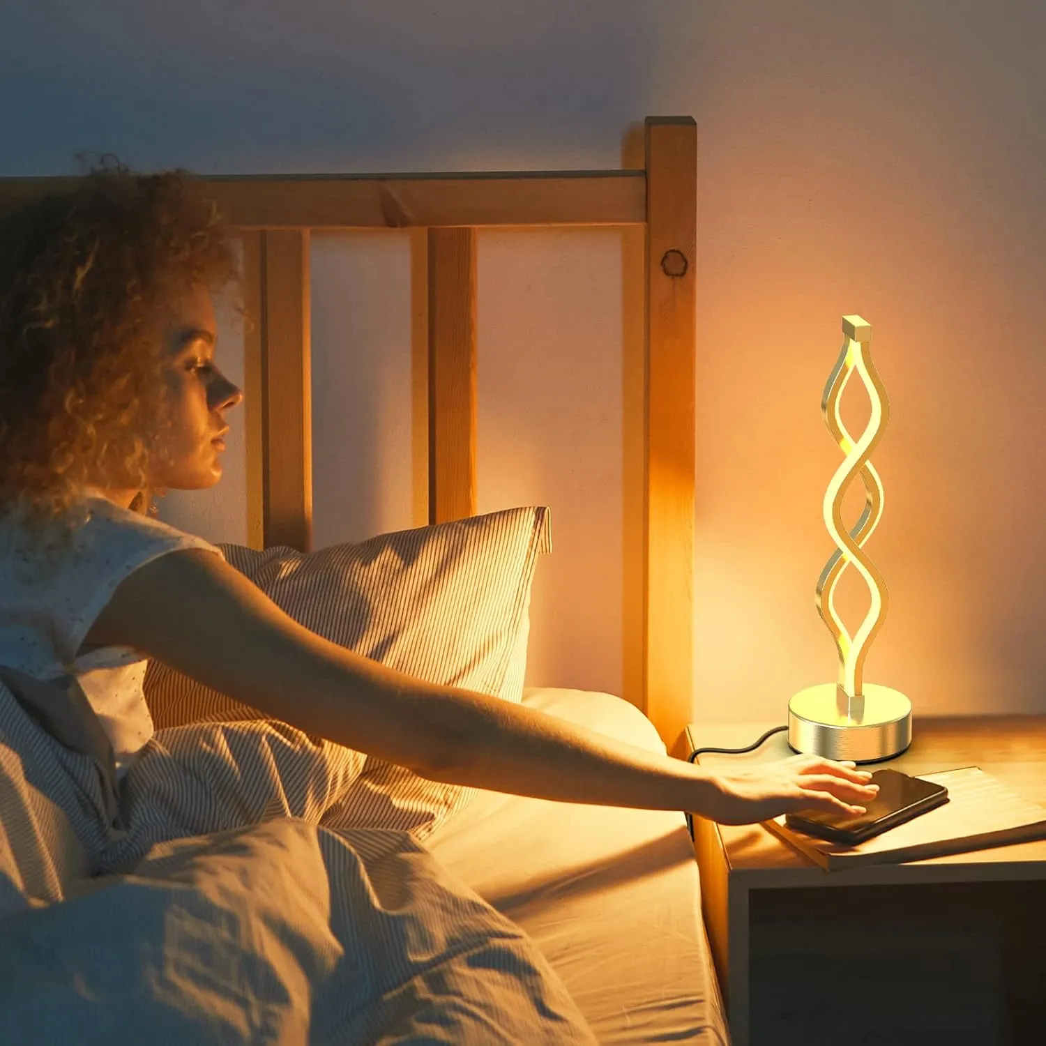 NUÜR Infinity Spiral LED Table Lamp Silver, Dimmable Metallic Bedside Lamp with Touch Controller, 3 Colour Temperature, 15.8 Inch Height, Decorative Lamp for Home, Living Room