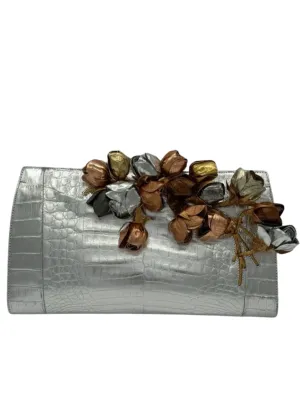 NWT Nancy Gonzalez Rosebud Slicer Metallic Crocodile Clutch Bag