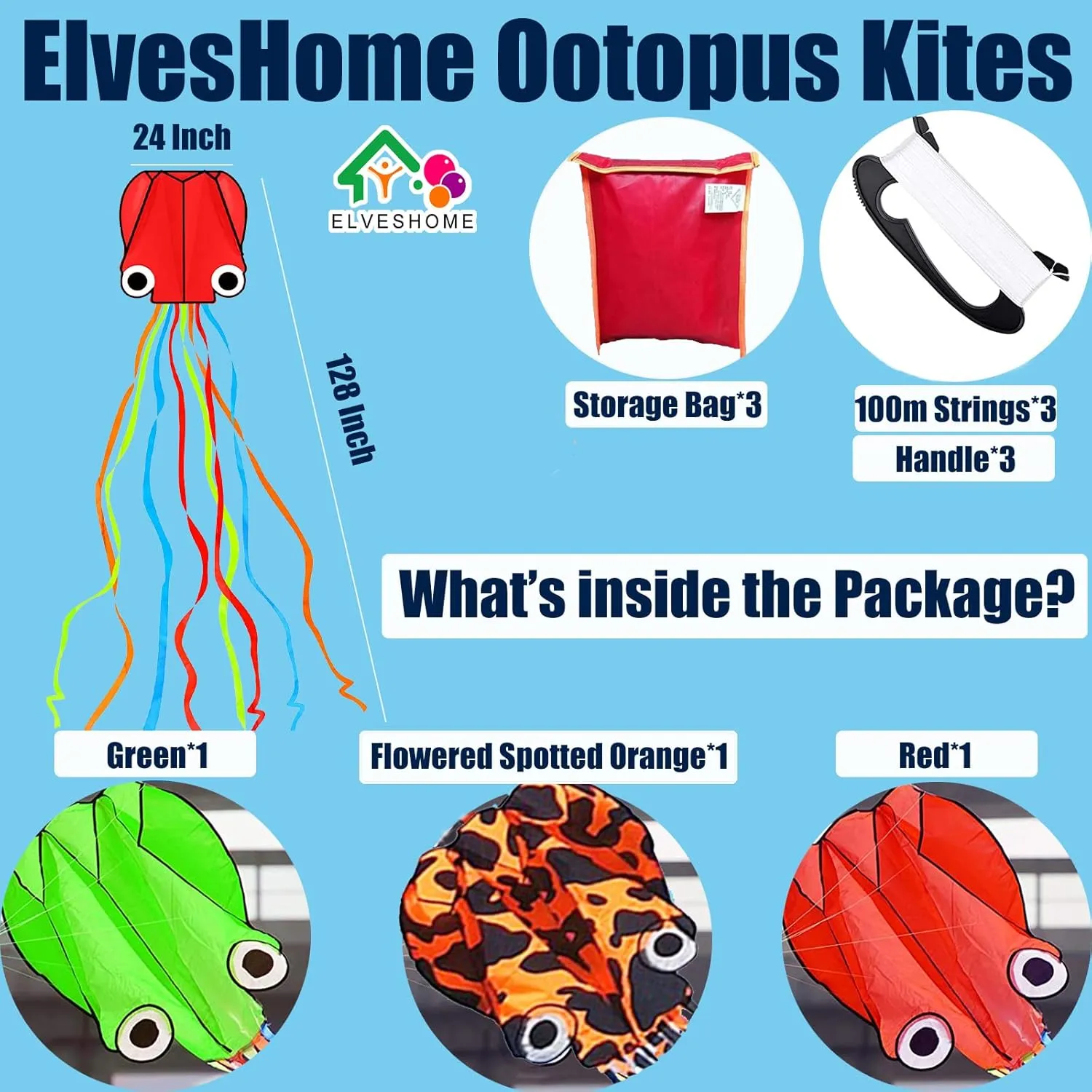 Octopus Kite 3 PACK Kites for Adults Easy To fly, 3D Beautiful Large Giant Kites with Kite String, Kites for Kids Easy to Fly Boys Girls Outdoor Travel Park Beach 158'' Long Tail Kite Runner, 3 Colors