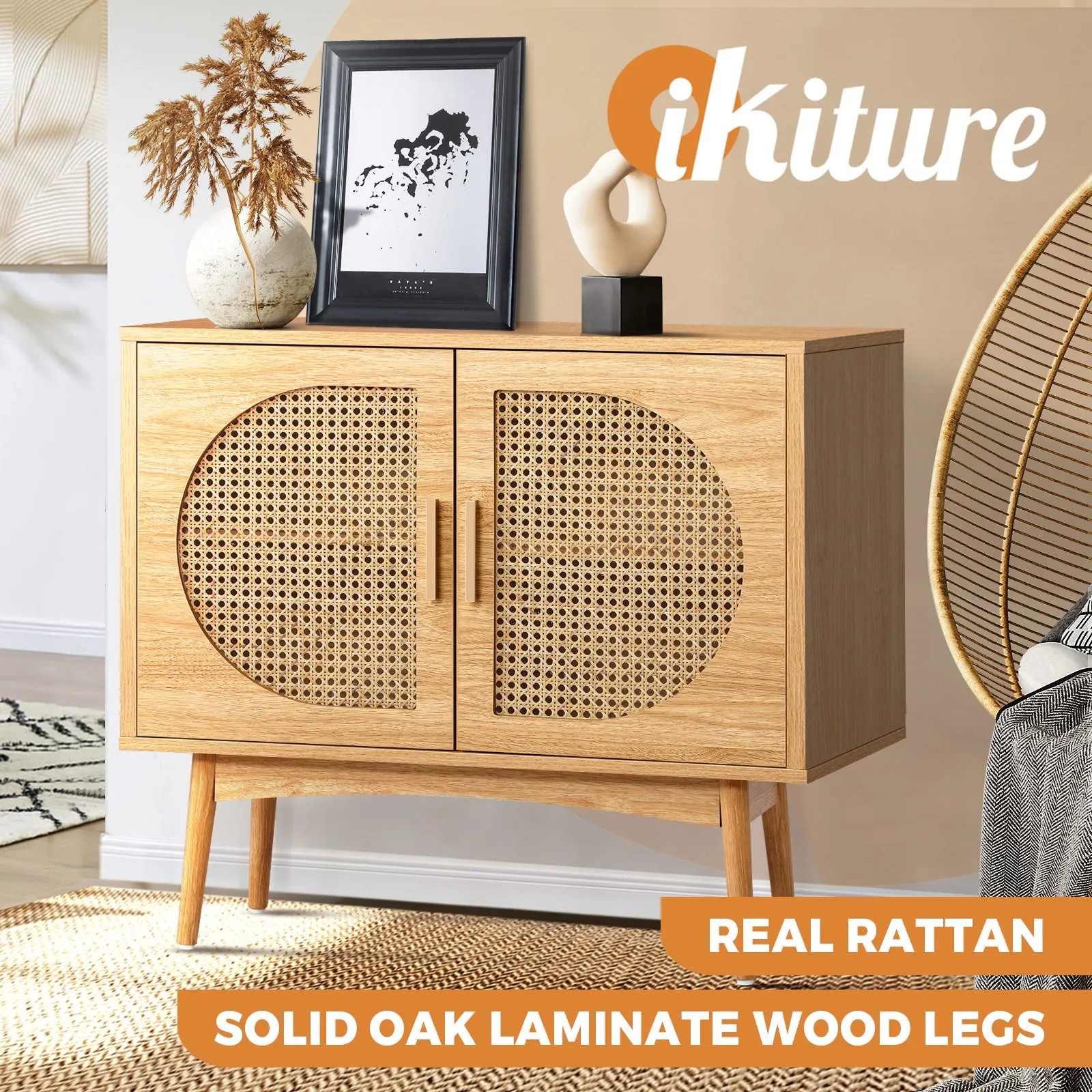 Oikiture Sideboard Cabinet Buffet Rattan Furniture Cupboard Hallway Shelf Wood