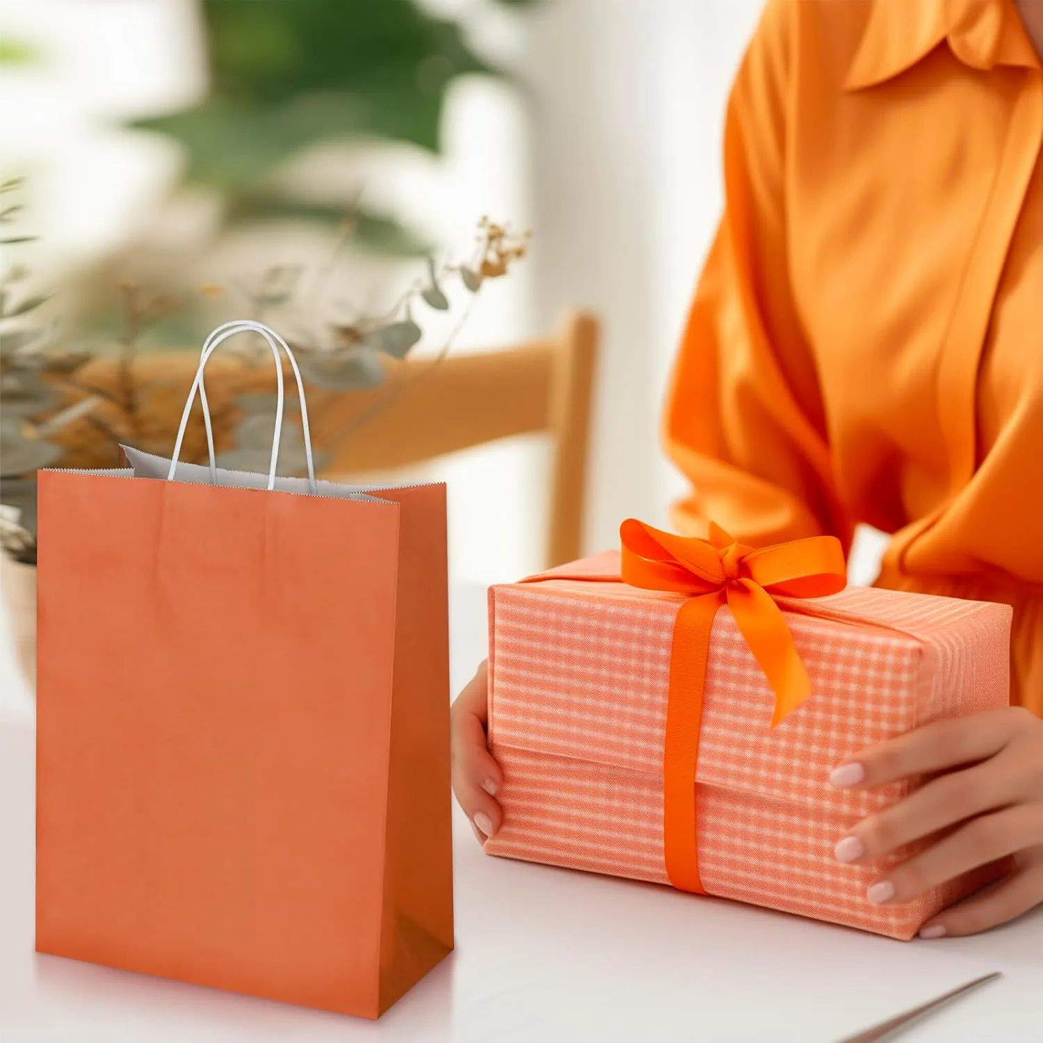 Oikss 50 Pack 10x5x13 Orange Kraft Paper Bags with Handles Bulk for Birthday Party Favors Grocery Retail Shopping Business Goody Recycled Craft Gift Bags (Large Size, 50 Count)