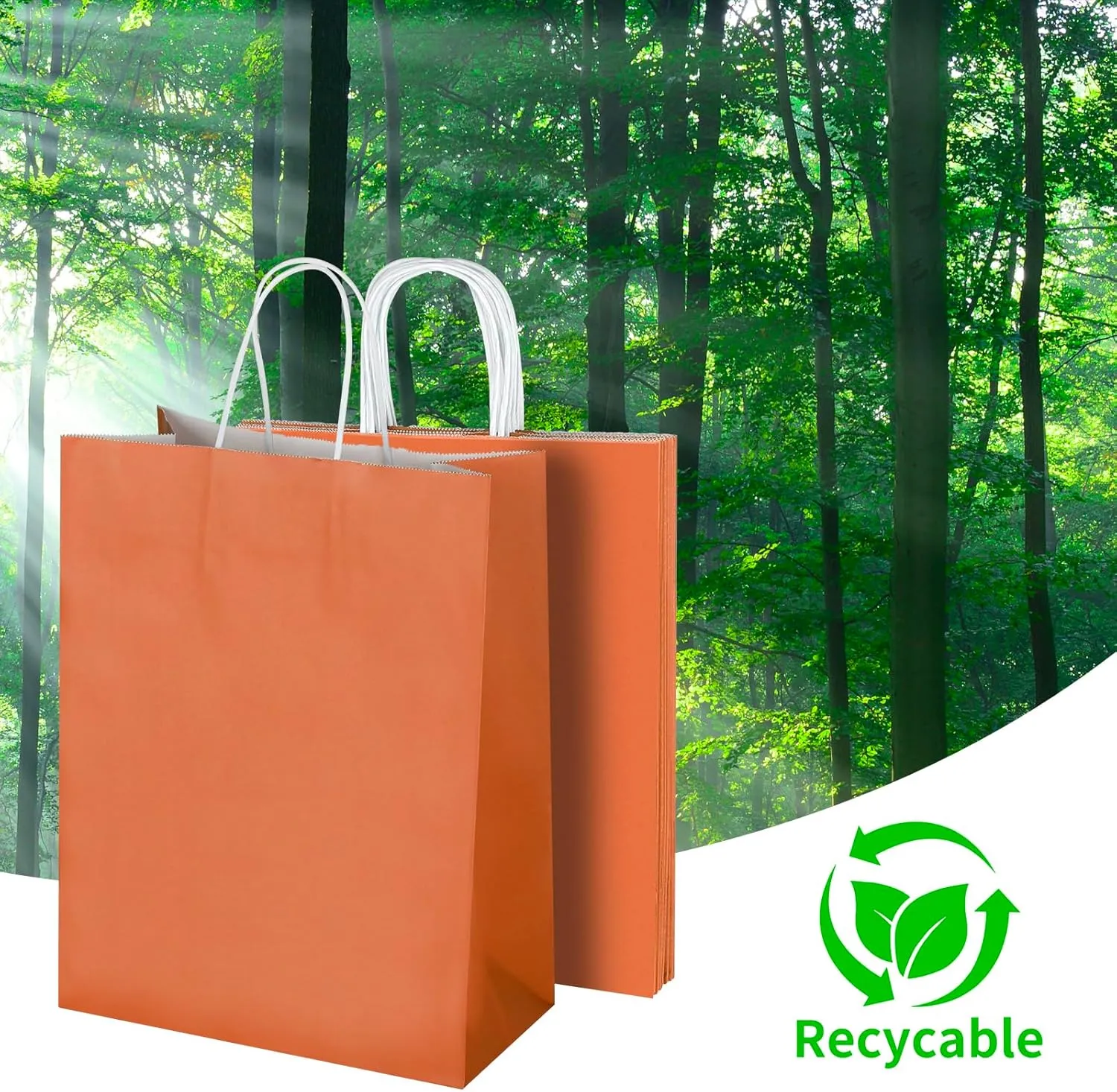 Oikss 50 Pack 10x5x13 Orange Kraft Paper Bags with Handles Bulk for Birthday Party Favors Grocery Retail Shopping Business Goody Recycled Craft Gift Bags (Large Size, 50 Count)