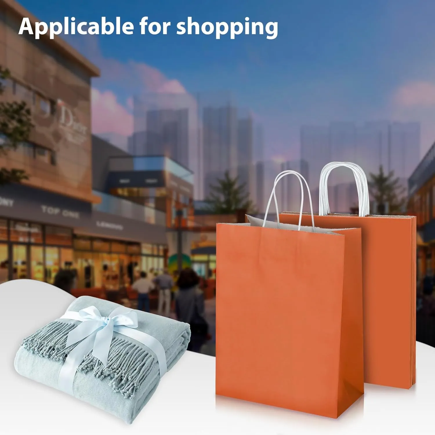 Oikss 50 Pack 10x5x13 Orange Kraft Paper Bags with Handles Bulk for Birthday Party Favors Grocery Retail Shopping Business Goody Recycled Craft Gift Bags (Large Size, 50 Count)