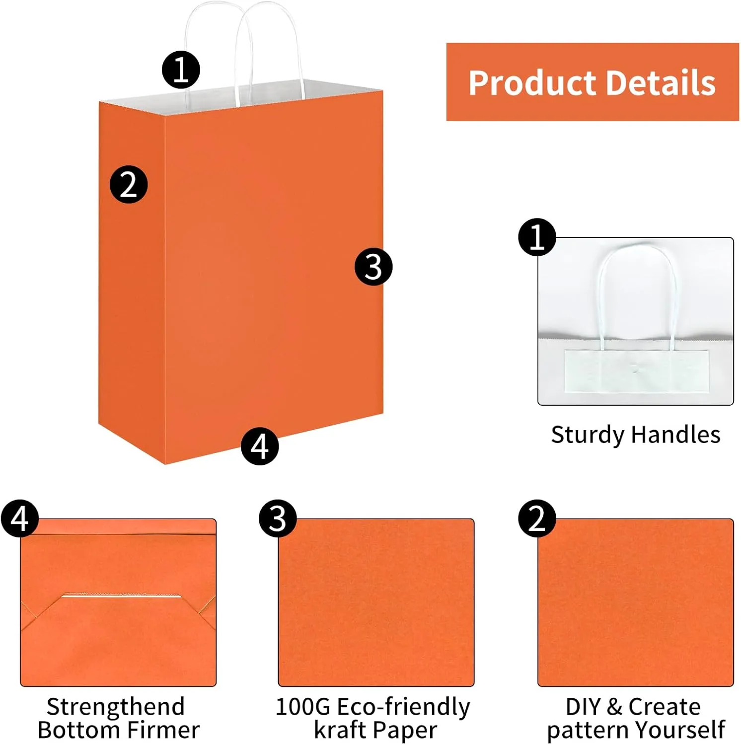Oikss 50 Pack 10x5x13 Orange Kraft Paper Bags with Handles Bulk for Birthday Party Favors Grocery Retail Shopping Business Goody Recycled Craft Gift Bags (Large Size, 50 Count)