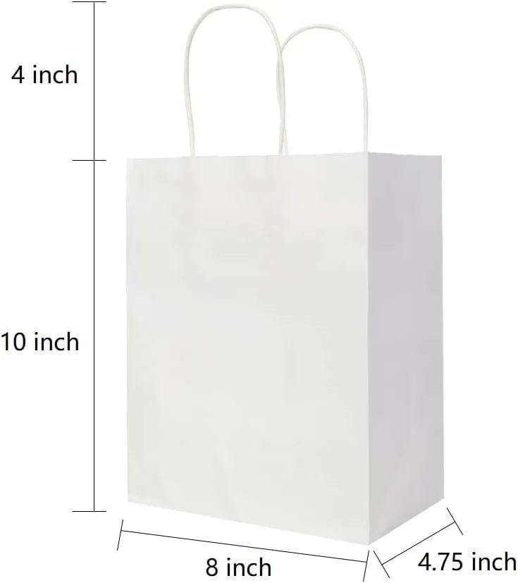 Oikss 50 Pack 8x4.75x10 Inch Medium White Kraft Paper Bags with Handles Bulk for Birthday Wedding Party Favors Grocery Retail Shopping Takeout Business Goody Craft Gift Bags Sacks, 50 Count