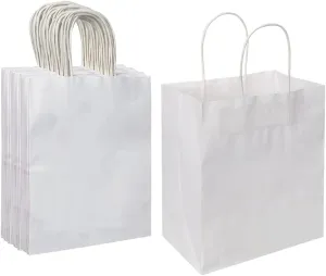 Oikss 50 Pack 8x4.75x10 Inch Medium White Kraft Paper Bags with Handles Bulk for Birthday Wedding Party Favors Grocery Retail Shopping Takeout Business Goody Craft Gift Bags Sacks, 50 Count