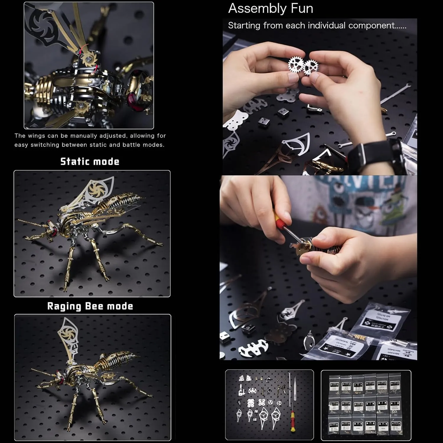 OreilleStar 3D Metal Puzzles for Adults, Model Kits of Northern Giant Hornet, Mechanical Wasp Building Blocks, Difficult DIY Assembly, Men's Birthday Gifts (3D Metal Wasp-Silver Black)