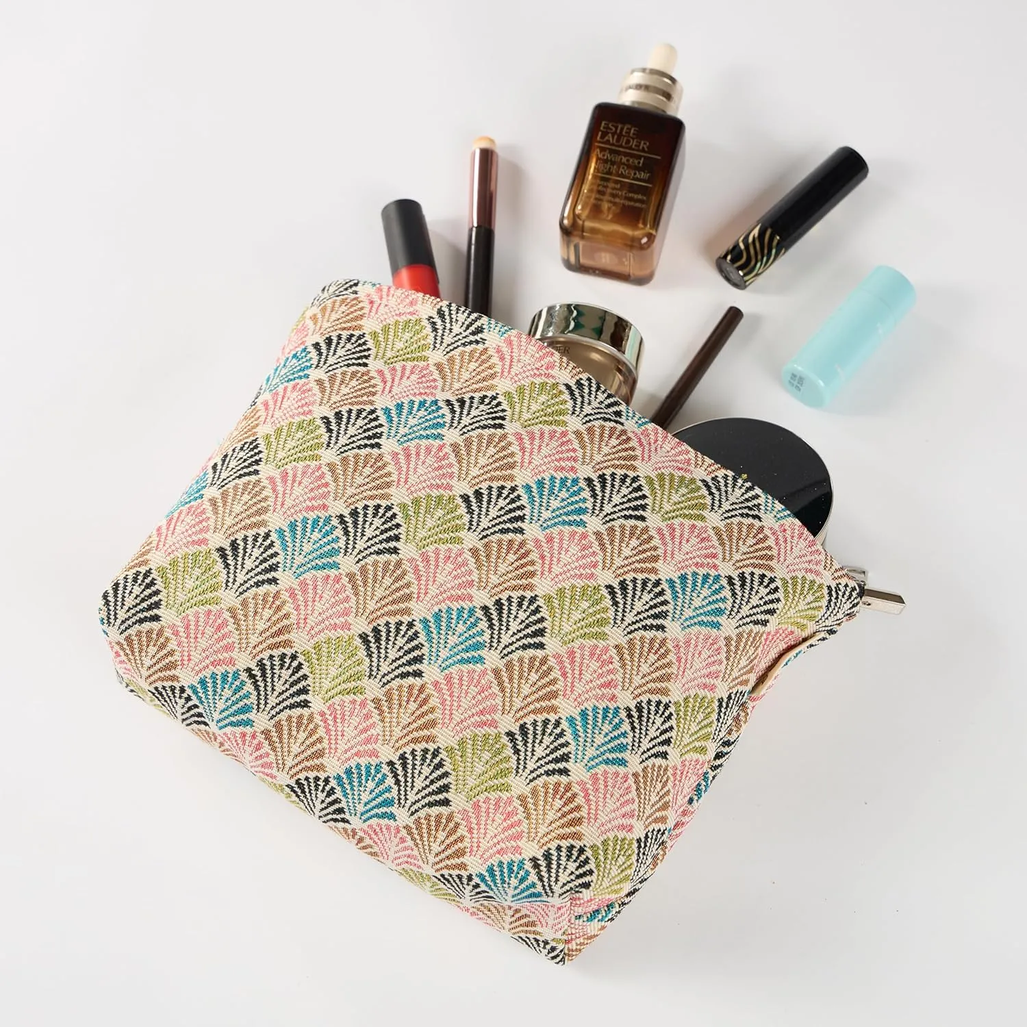 Oriental Waves Print Canvas Makeup Bag for Women Girls, Large Capacity Trendy Travel-Friendly Cosmetic Bag, Secure Metal Zipper Pouch Aesthetic Toiletry Bag Organizer (Set of 2)