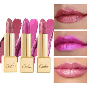 Oulac Metallic Pink Lipstick Set 3PCS High Impact Lipcolor with Moisturizing Formula, Vegan Beauty, Full-Coverage Lip Color, Christmas Gifts for Women, 4.3g X 3PCS