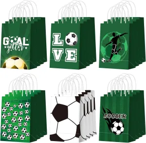 Outus 24 Pcs Soccer Party Favor Bags Soccer Goodie Gift Paper Bags with Handles Sports Ball Candy Treat Pouch for Sports Football Party Birthday Baby Shower Decorations Supplies