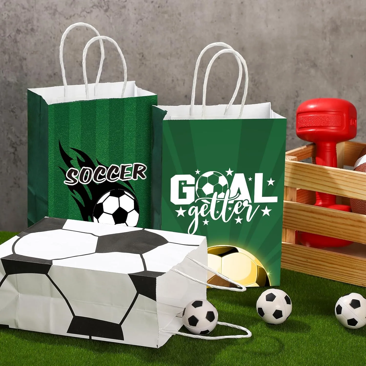 Outus 24 Pcs Soccer Party Favor Bags Soccer Goodie Gift Paper Bags with Handles Sports Ball Candy Treat Pouch for Sports Football Party Birthday Baby Shower Decorations Supplies