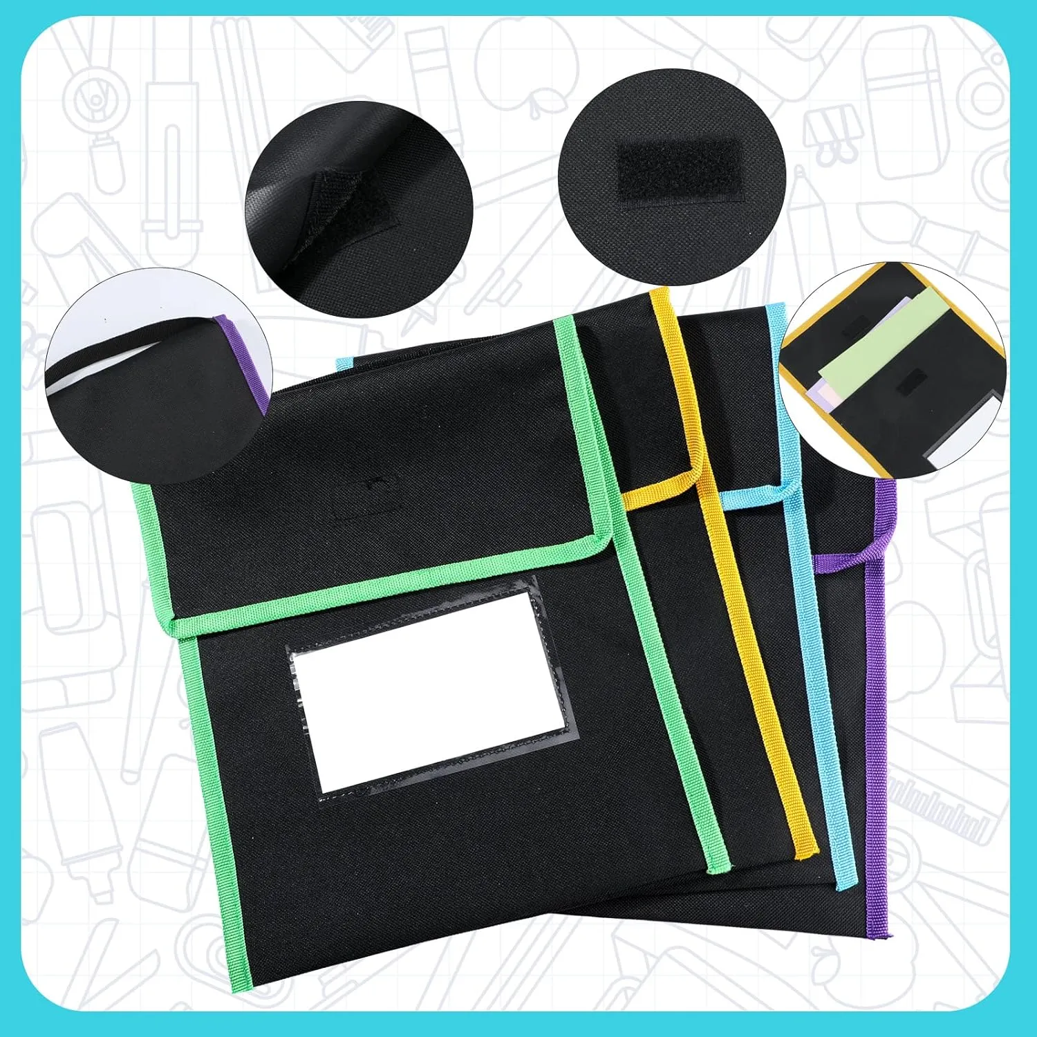 Outus Medium Book Pouches Nylon Black Book Bag with Clear Name Tag Pocket Stitched on Handle Reading Preschool Teacher Supplies for Students Classroom School Home, 9.8" x 11.8"(8 Pcs)