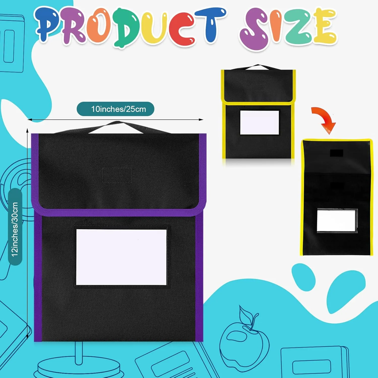 Outus Medium Book Pouches Nylon Black Book Bag with Clear Name Tag Pocket Stitched on Handle Reading Preschool Teacher Supplies for Students Classroom School Home, 9.8" x 11.8"(8 Pcs)