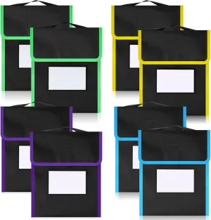 Outus Medium Book Pouches Nylon Black Book Bag with Clear Name Tag Pocket Stitched on Handle Reading Preschool Teacher Supplies for Students Classroom School Home, 9.8" x 11.8"(8 Pcs)