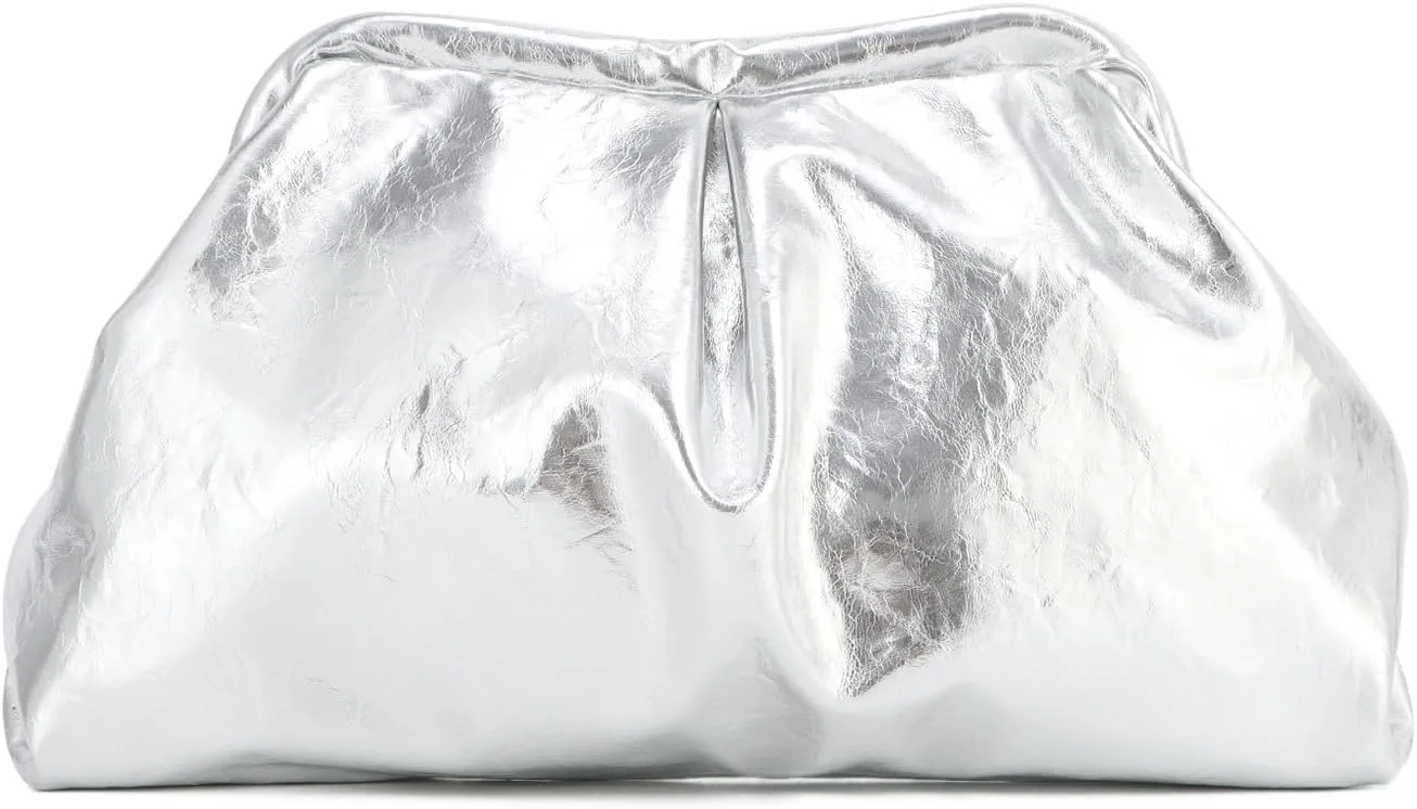 Oweisong Soft Leather Clutch Purse for Women Silver Cloud Evening Handbag Ruched Dumpling Bag for Vacation Party
