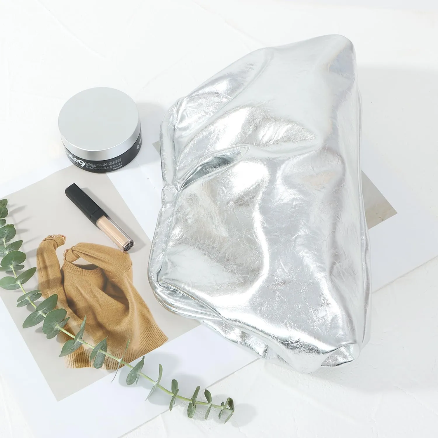 Oweisong Soft Leather Clutch Purse for Women Silver Cloud Evening Handbag Ruched Dumpling Bag for Vacation Party