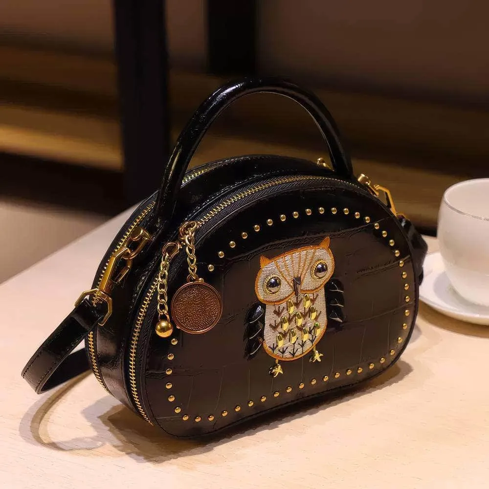 Owl Monogram Pattern Gold Stoned Shoulder Bag