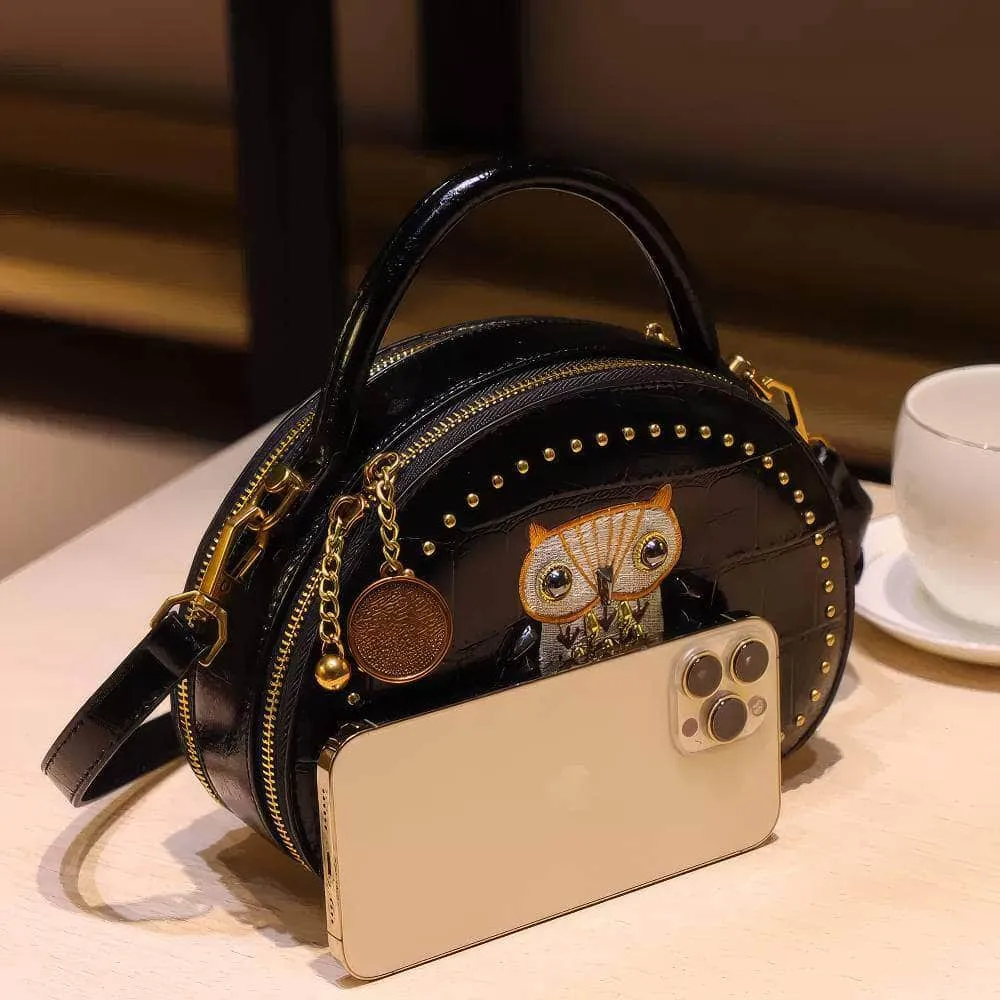 Owl Monogram Pattern Gold Stoned Shoulder Bag