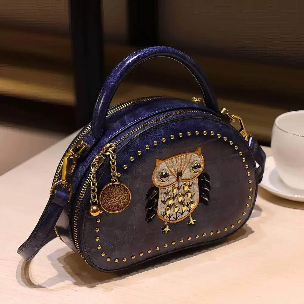 Owl Monogram Pattern Gold Stoned Shoulder Bag