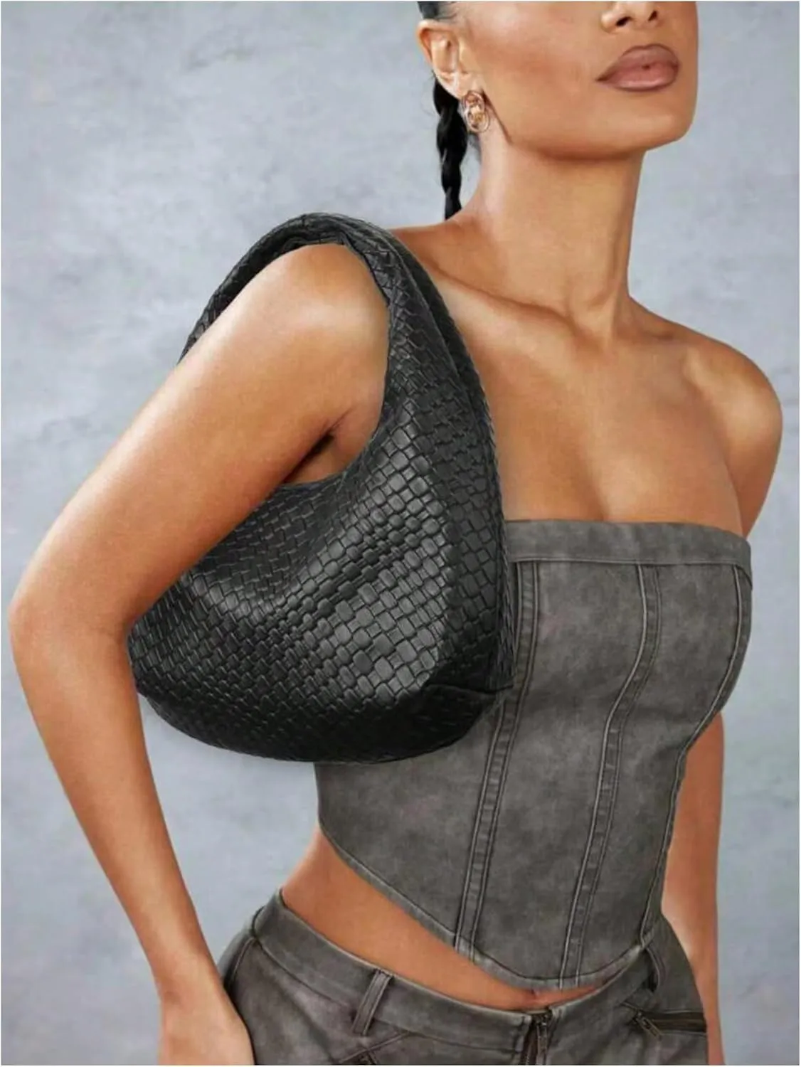 OYOANGLE Women's Leather Woven Underarm Bags Zipper Top Handle Small Shoulder Bags