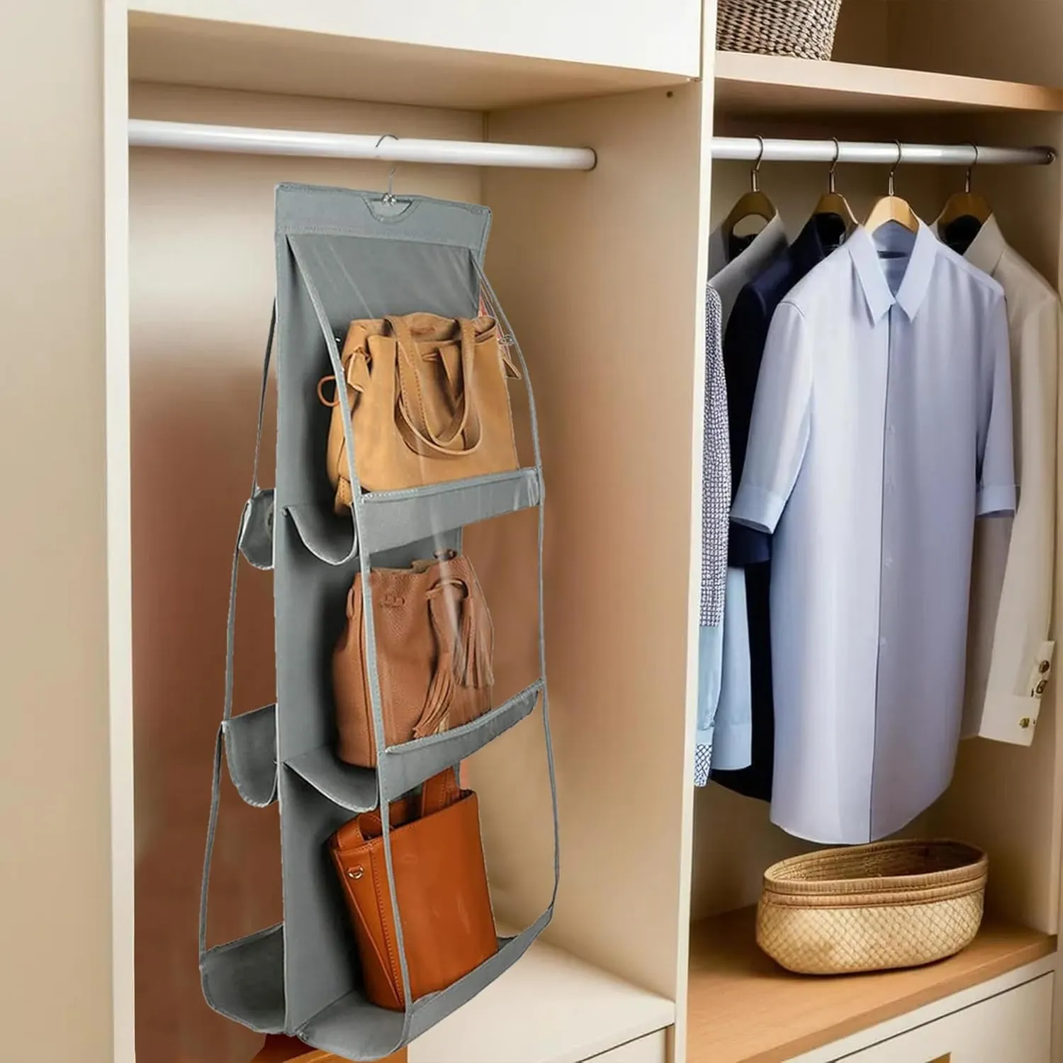 Pack of 4 Dust Proof Hanging Handbag Purse Clutch Organizer with 6 Large Compartments & Hanger Pack of 4 (Grey), Cotton, 84 x 1 x 37 CM, 87KM21827